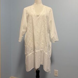 Johnny Was White Lace Embroidered Eyelet‎ 3/4 Sleeve Tunic Cover-Up Size XL